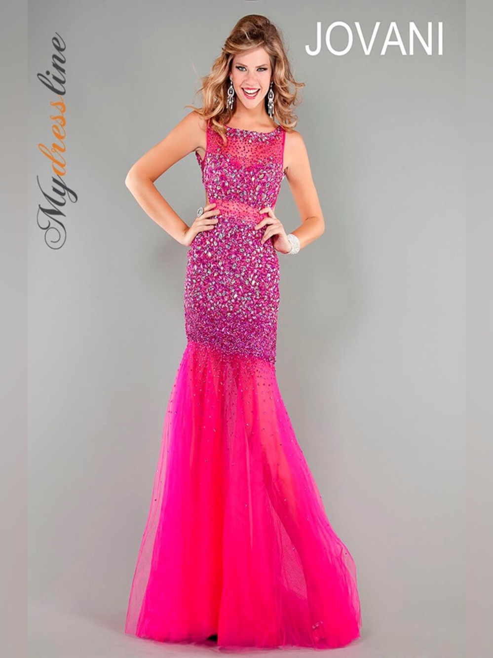 JOVANI 171100 Hot Pink Nude Illusion Jewel Embellished Mermaid Naked Gown Sz 2